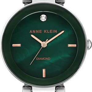 ساعت مچی زنانه Anne Klein با صفحه صدفی سبز و الماس اصل، بند استیل نقره‌ای