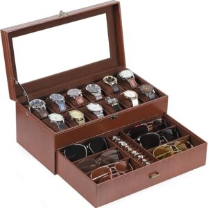 جعبه ساعت و جواهرات لوکس AUTOARK مدل MKAW041 - چرم، مخمل، دو طبقه با درب شیشه‌ای