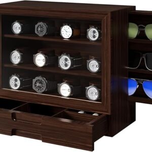 جعبه نمایش ساعت و عینک AUTOARK مدل AW-185 چوبی گردویی با 12 جای ساعت و کشو جواهرات