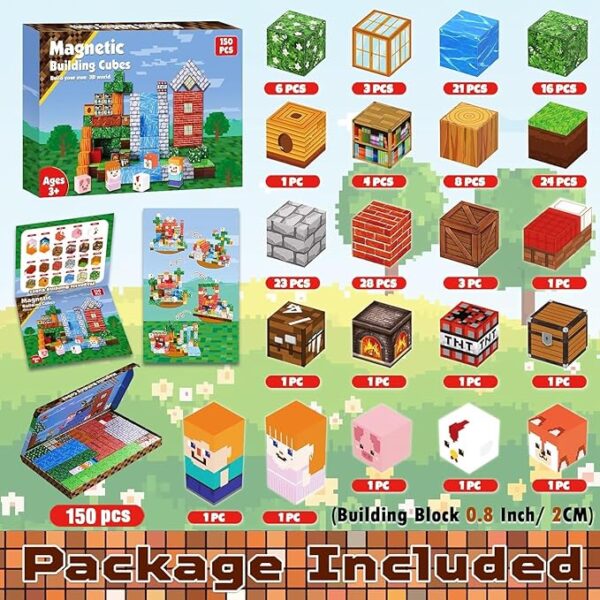 بلاک‌های مغناطیسی 150 تکه ماینکرفت mincraft - اسباب‌بازی‌های ساختنی STEM برای کودکان - Image 2