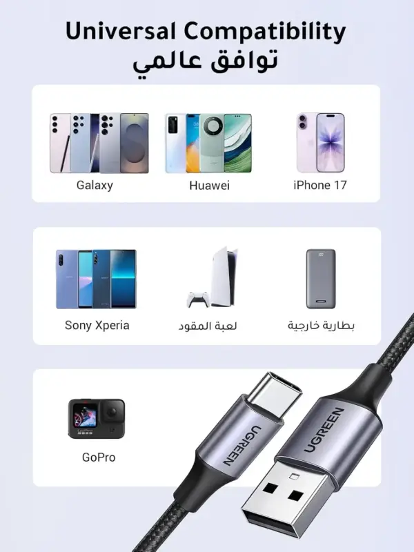 کابل تایپ C اوگرین 1 متری | UGREEN 60126 USB A به USB C فست شارژ 18W