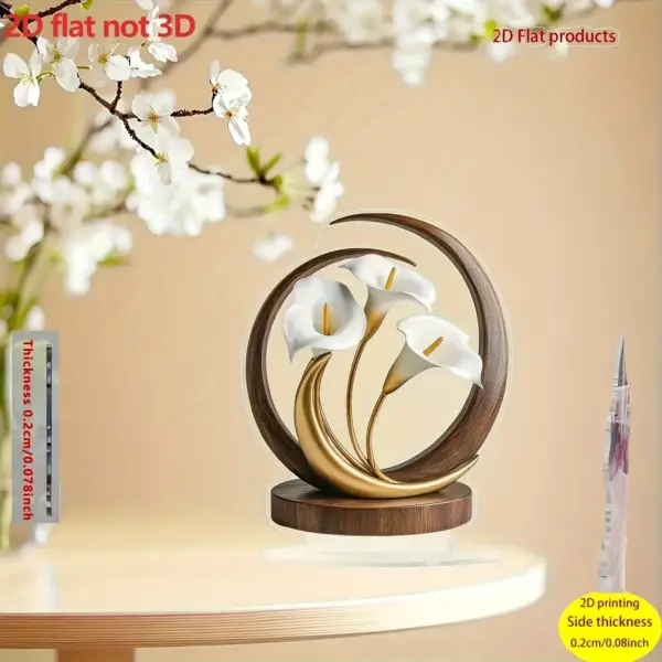 دکوری رومیزی آکریلیک 2D طرح لیلی سفید با جلوه طلایی