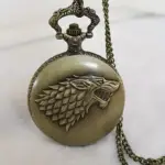 گردنبند ساعت جیبی کوارتز طرح سر گرگ مشکی و وینتیج
