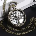 ساعت جیبی برنزی طرح درخت زندگی حکاکی شده کوارتز