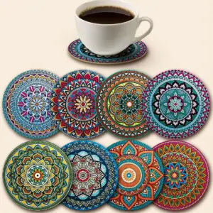 زیرلیوانی چوبی 8 عددی طرح ماندالا (10×10 سانتی‌متر)