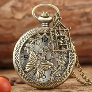 ساعت جیبی کوارتز وینتیج با گردنبند پروانه توخالی و طرح‌دار