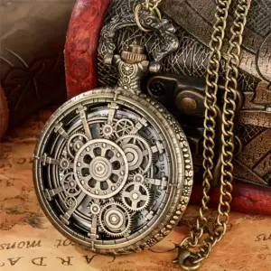 ساعت جیبی برنزی وینتیج با آویز توخالی و زنجیر