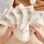 پک ۵تایی جوراب مچی دخترانه طرح گل و پروانه سفید و صورتی