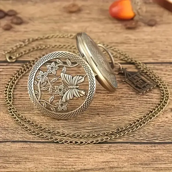 ساعت جیبی کوارتز وینتیج با گردنبند پروانه توخالی و طرح‌دار