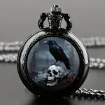 ساعت جیبی کوارتز مشکی گوتیک با طرح اسکلت و کلاغ
