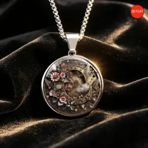 گردنبند استیل استیم‌پانک طرح ماه و گل با جغدک‌ساعت جادویی