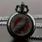 ساعت جیبی گوتیک مشکی با طرح کلاغ و زنجیر گردنبند