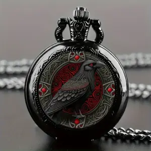 ساعت جیبی گوتیک مشکی با طرح کلاغ و زنجیر گردنبند