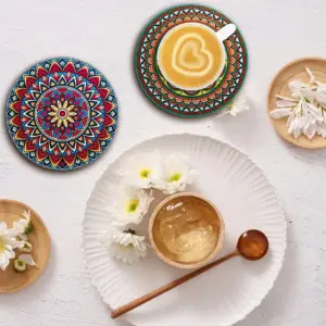 زیرلیوانی چوبی 8 عددی طرح ماندالا (10×10 سانتی‌متر)