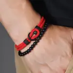 دستبند منجوقی دوبل و بند طنابی دریانوردی با سنگ مشکی 6 میلی