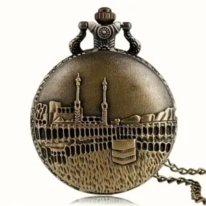 ساعت جیبی/آویز برنزی طرح قلعه مربعی حکاکی شده کوارتز