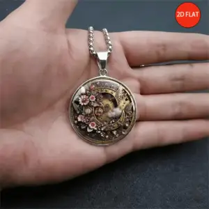 گردنبند استیل استیم‌پانک طرح ماه و گل با جغدک‌ساعت جادویی