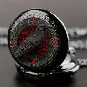 ساعت جیبی گوتیک مشکی با طرح کلاغ و زنجیر گردنبند
