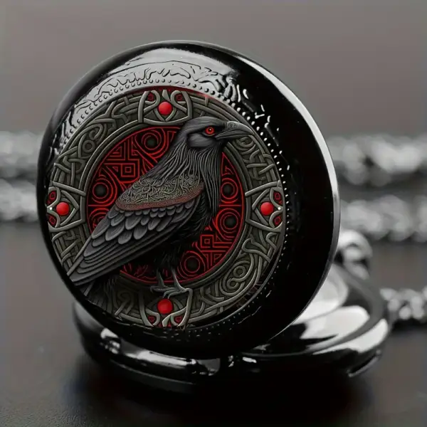 ساعت جیبی گوتیک مشکی با طرح کلاغ و زنجیر گردنبند